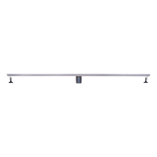 BAI 47110 Stainless Steel 60-inch Linear Shower Drain with adjustable leveling legs and a removable grate shown in a side view against a white background.