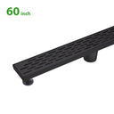BAI 47111 Stainless Steel 60-inch Linear Shower Drain in a matte black finish with adjustable leveling legs and a removable grate shown against a white background.