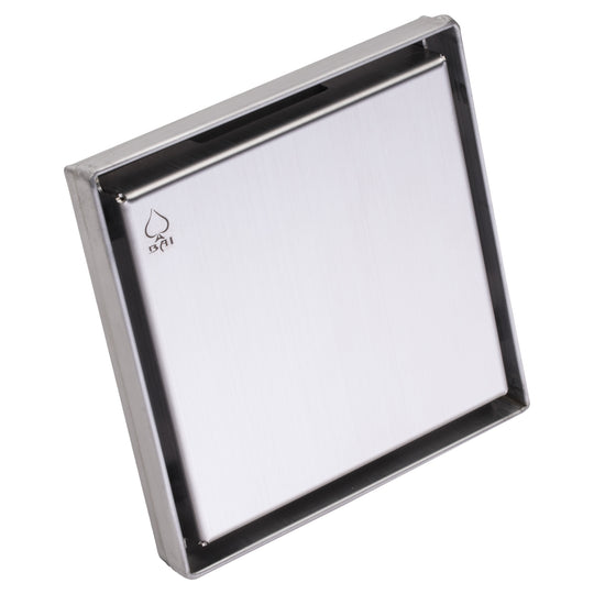 BAI 47120 Stainless Steel 5-inch Square Shower Drain with a removable grate shown against a white background.