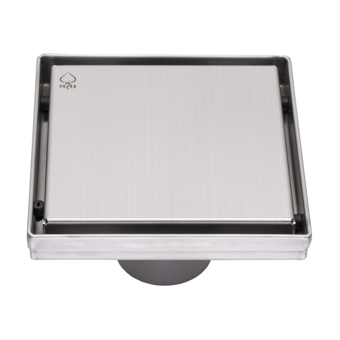 BAI 47120 Stainless Steel 5-inch Square Shower Drain with a removable grate shown against a white background.