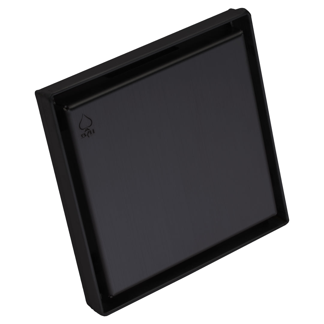 BAI 47121 Stainless Steel 5-inch Square Shower Drain in a matte black finish with a removable grate shown against a white background.