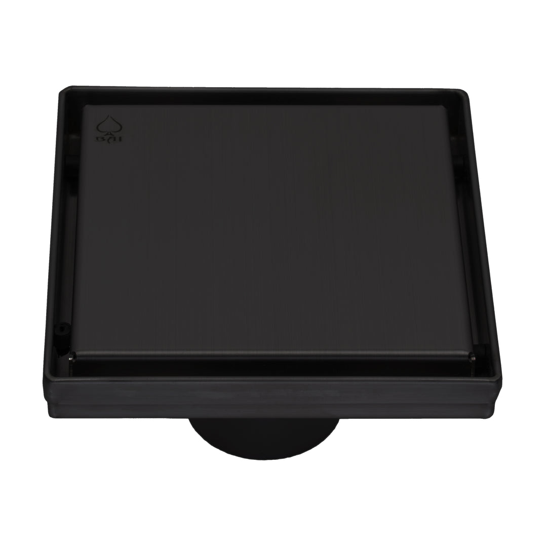 BAI 47121 Stainless Steel 5-inch Square Shower Drain in a matte black finish with a removable grate shown against a white background.