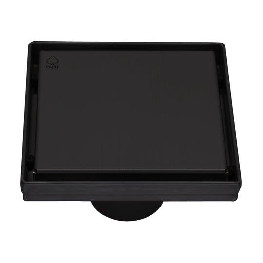 BAI 47121 Stainless Steel 5-inch Square Shower Drain in a matte black finish with a removable grate shown against a white background.