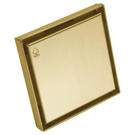 BAI 47122 Stainless Steel 5-inch Square Shower Drain in a brushed gold finish with a removable grate shown against a white background.