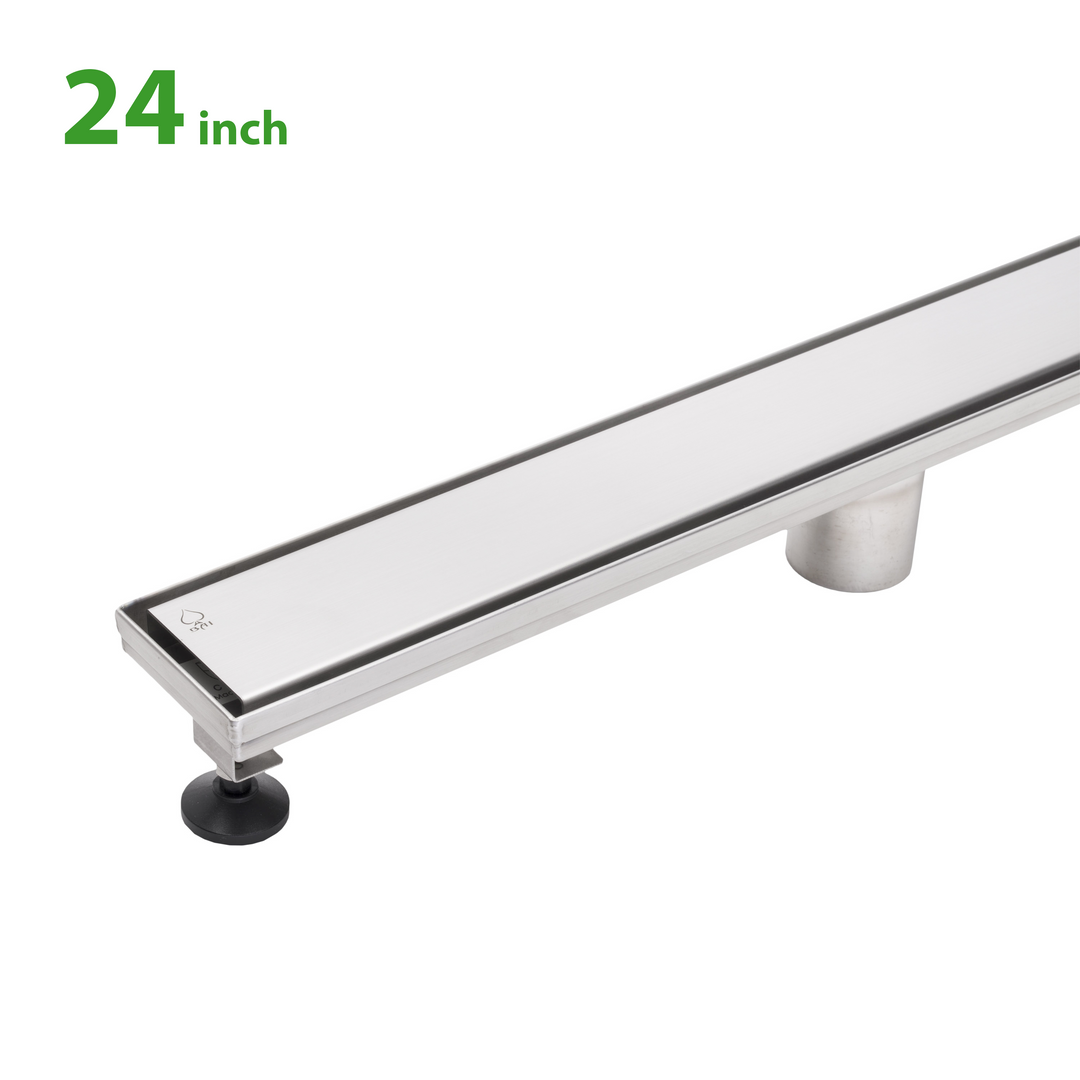 BAI 47130 Stainless Steel 24-inch Linear Shower Drain with adjustable leveling legs and removable grate shown against a white background.
