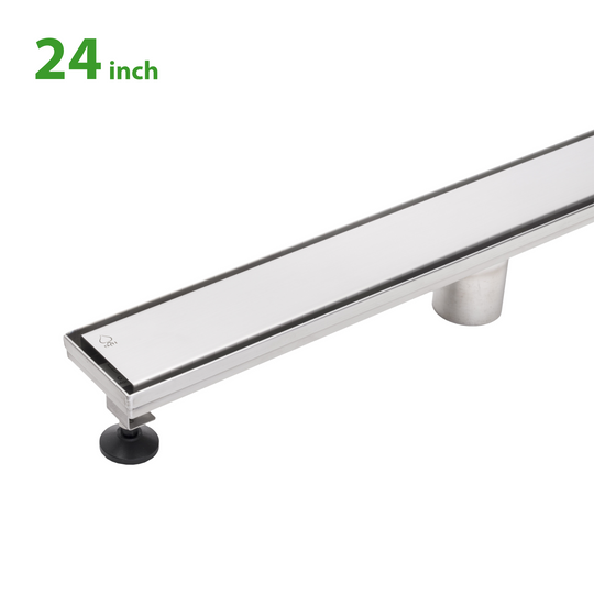BAI 47130 Stainless Steel 24-inch Linear Shower Drain with adjustable leveling legs and removable grate shown against a white background.