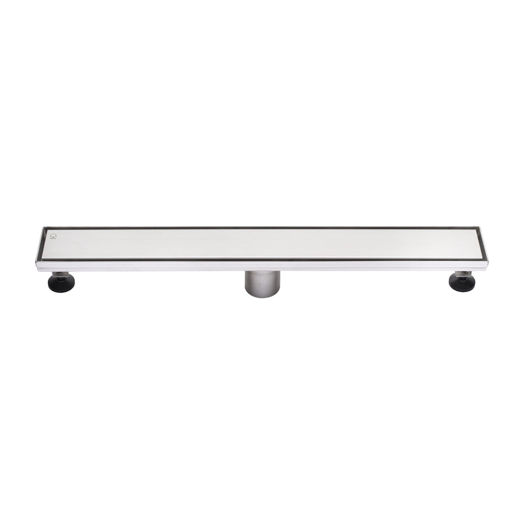 BAI 47130 Stainless Steel 24-inch Linear Shower Drain with adjustable leveling legs and removable grate shown against a white background.