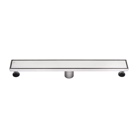 BAI 47130 Stainless Steel 24-inch Linear Shower Drain with adjustable leveling legs and removable grate shown against a white background.