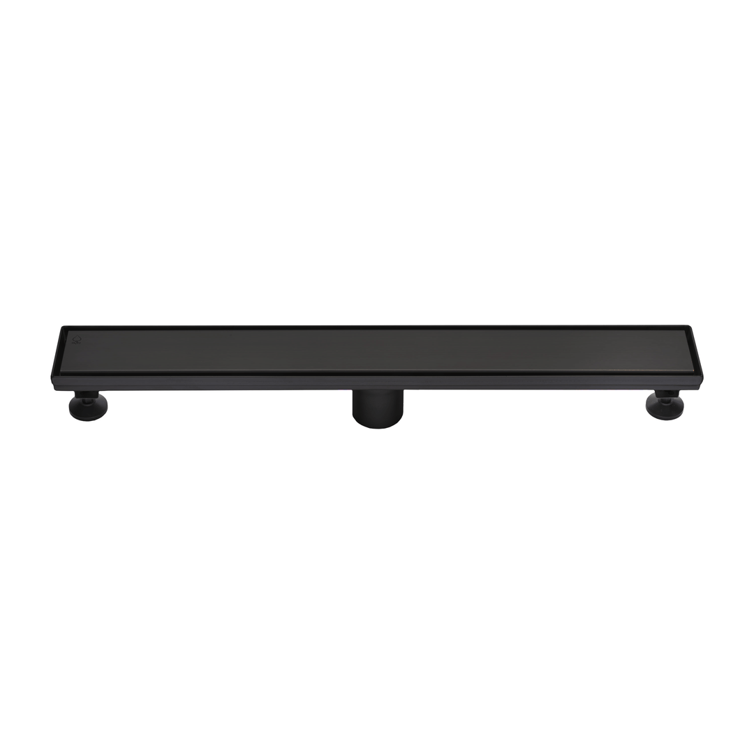 BAI 47131 Stainless Steel 24-inch Linear Shower Drain in matte black finish with adjustable leveling legs and removable grate shown against a white background.