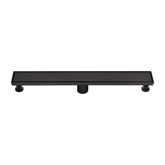 BAI 47131 Stainless Steel 24-inch Linear Shower Drain in matte black finish with adjustable leveling legs and removable grate shown against a white background.