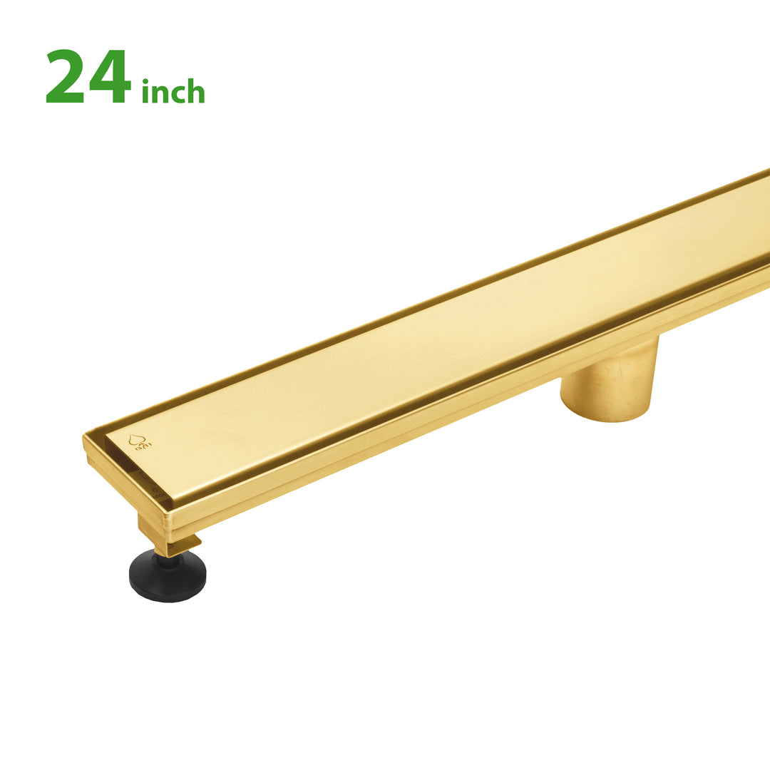 BAI 47132 Stainless Steel 24-inch Linear Shower Drain in brushed gold finish with adjustable leveling legs and removable grate shown against a white background.