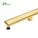 BAI 47132 Stainless Steel 24-inch Linear Shower Drain in brushed gold finish with adjustable leveling legs and removable grate shown against a white background.
