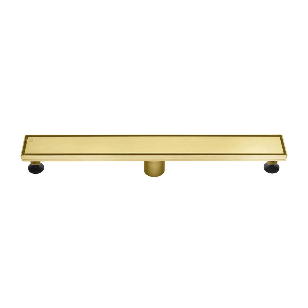 BAI 47132 Stainless Steel 24-inch Linear Shower Drain in brushed gold finish with adjustable leveling legs and removable grate shown against a white background.