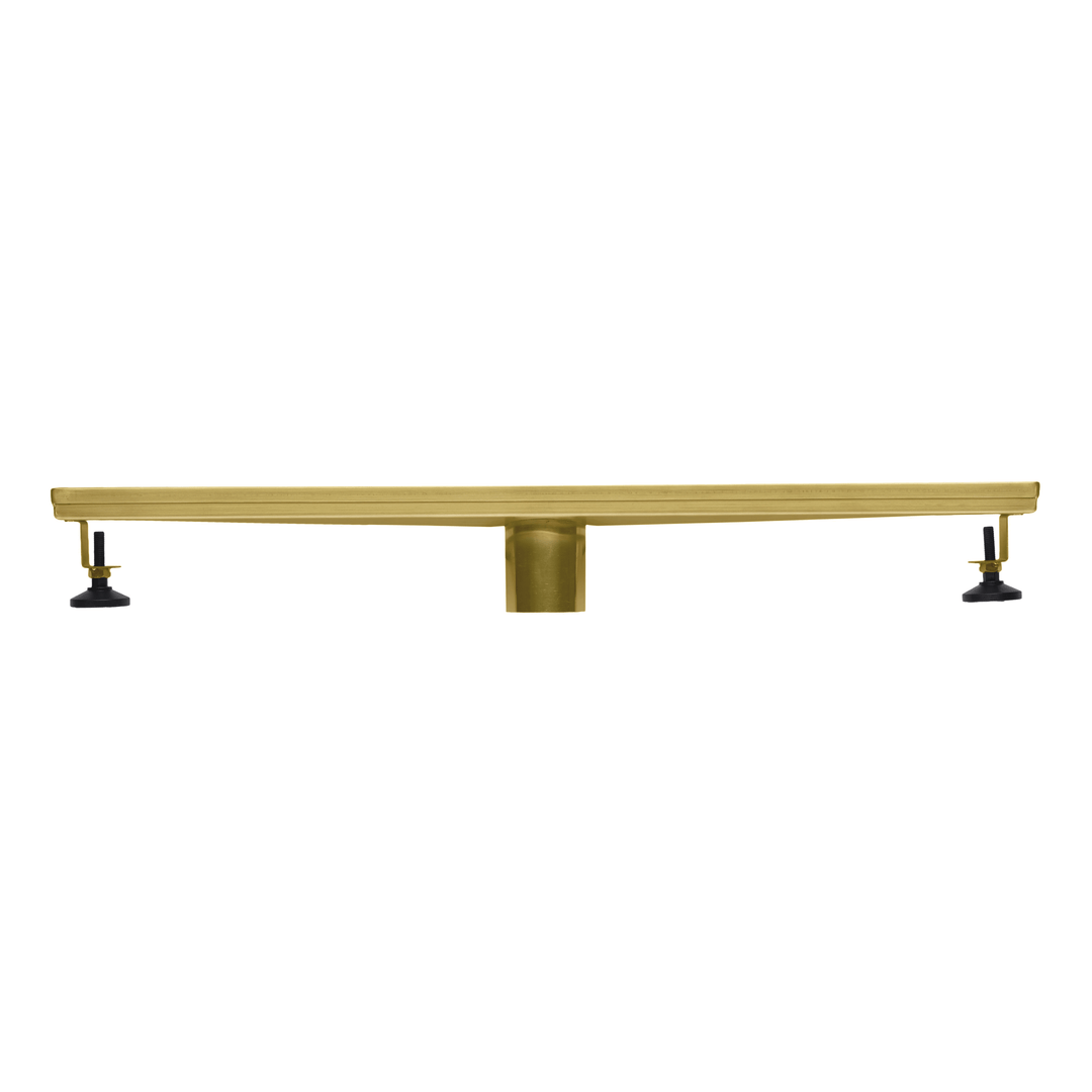 BAI 47132 Stainless Steel 24-inch Linear Shower Drain in brushed gold finish with adjustable leveling legs and removable grate shown in a side view against a white background.