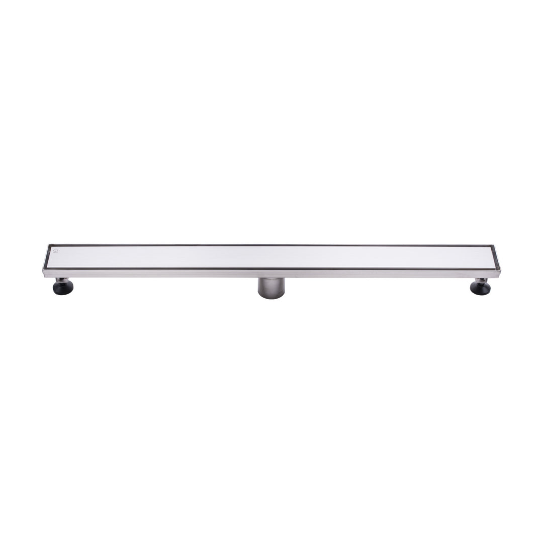 BAI 47140 Stainless Steel 32-inch Linear Shower Drain with adjustable leveling legs and removable grate shown against a white background.