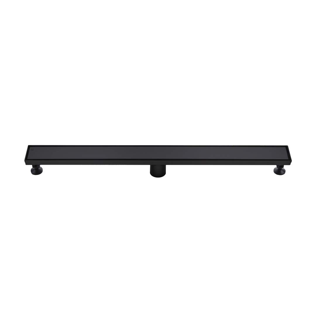 BAI 47141 Stainless Steel 32-inch Linear Shower Drain in matte black finish with adjustable leveling legs and removable grate shown against a white background.