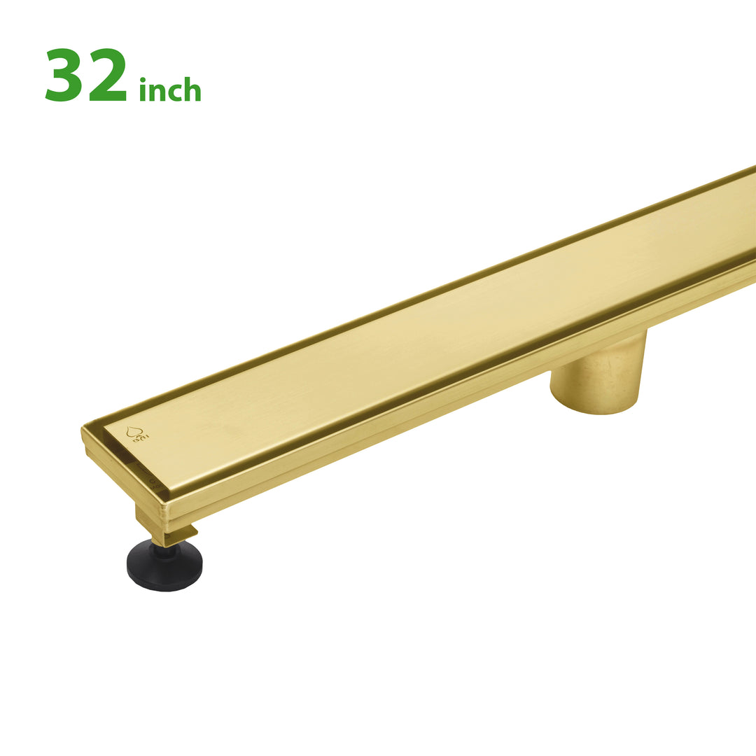 BAI 47142 Stainless Steel 32-inch Linear Shower Drain in brushed gold finish with adjustable leveling legs and removable grate shown against a white background.