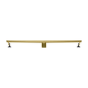 BAI 47142 Stainless Steel 32-inch Linear Shower Drain in brushed gold finish with adjustable leveling legs and removable grate shown in a side view against a white background.