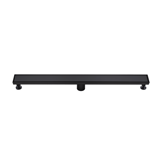 BAI 47151 Stainless Steel 36-inch Linear Shower Drain in matte black finish with adjustable leveling legs and removable grate shown against a white background.
