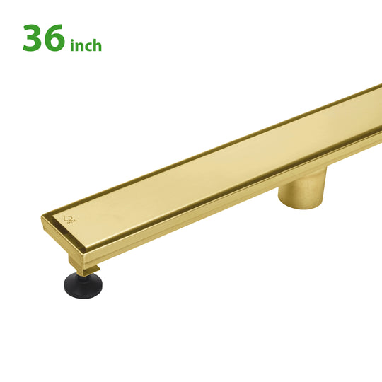 BAI 47152 Stainless Steel 36-inch Linear Shower Drain in brushed gold finish with adjustable leveling legs and removable grate shown against a white background.
