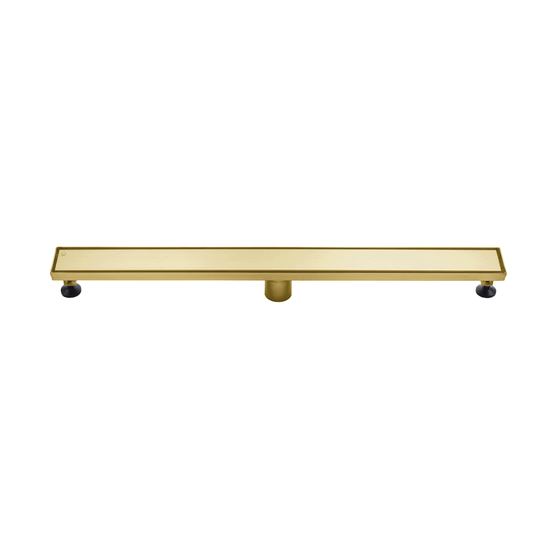 BAI 47152 Stainless Steel 36-inch Linear Shower Drain in brushed gold finish with adjustable leveling legs and removable grate shown against a white background.