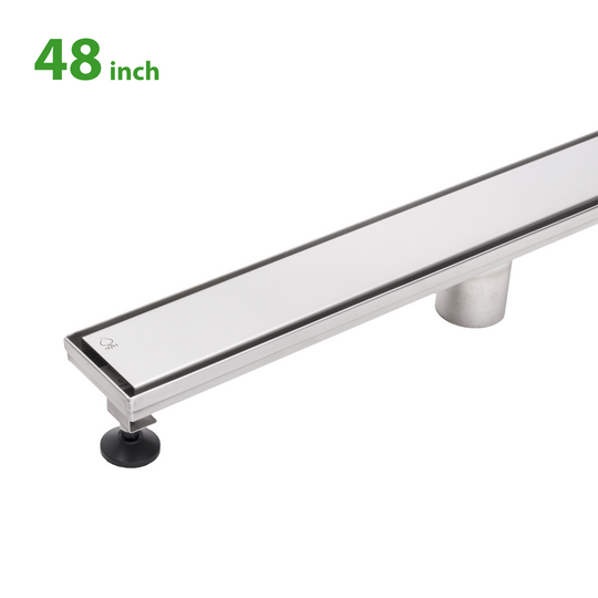 BAI 47160 Stainless Steel 48-inch Linear Shower Drain with adjustable leveling legs and removable grate shown against a white background.