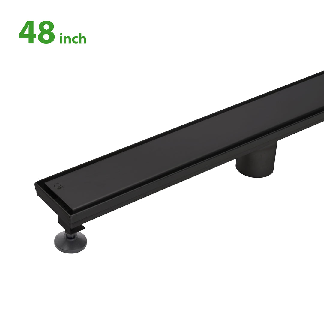BAI 47161 Stainless Steel 48-inch Linear Shower Drain in matte black finish with adjustable leveling legs and removable grate shown against a white background.