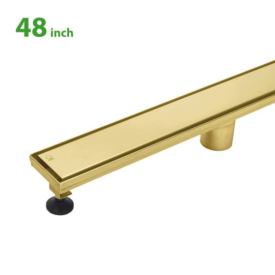 BAI 47162 Stainless Steel 48-inch Linear Shower Drain in brushed gold finish with adjustable leveling legs and removable grate shown against a white background.