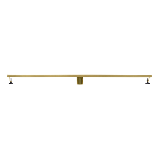BAI 47162 Stainless Steel 48-inch Linear Shower Drain in brushed gold finish with adjustable leveling legs and removable grate shown in a side view against a white background.