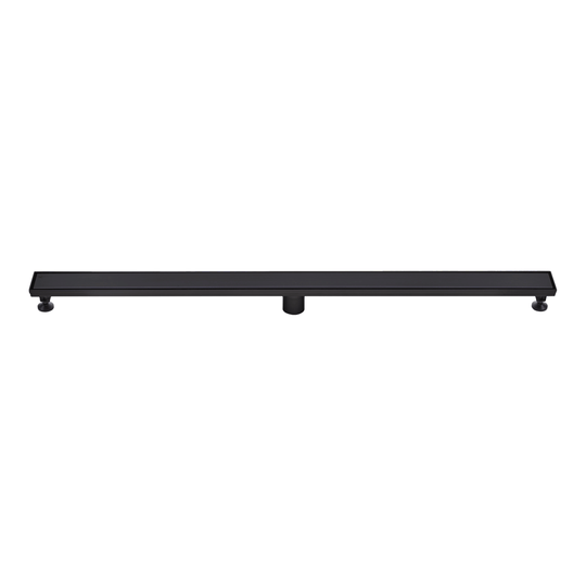 BAI 47171 Stainless Steel 60-inch Linear Shower Drain in matte black finish with adjustable leveling legs and removable grate shown against a white background.