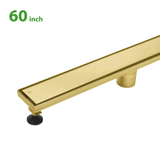 BAI 47172 Stainless Steel 60-inch Linear Shower Drain in brushed gold finish with adjustable leveling legs and removable grate shown against a white background.