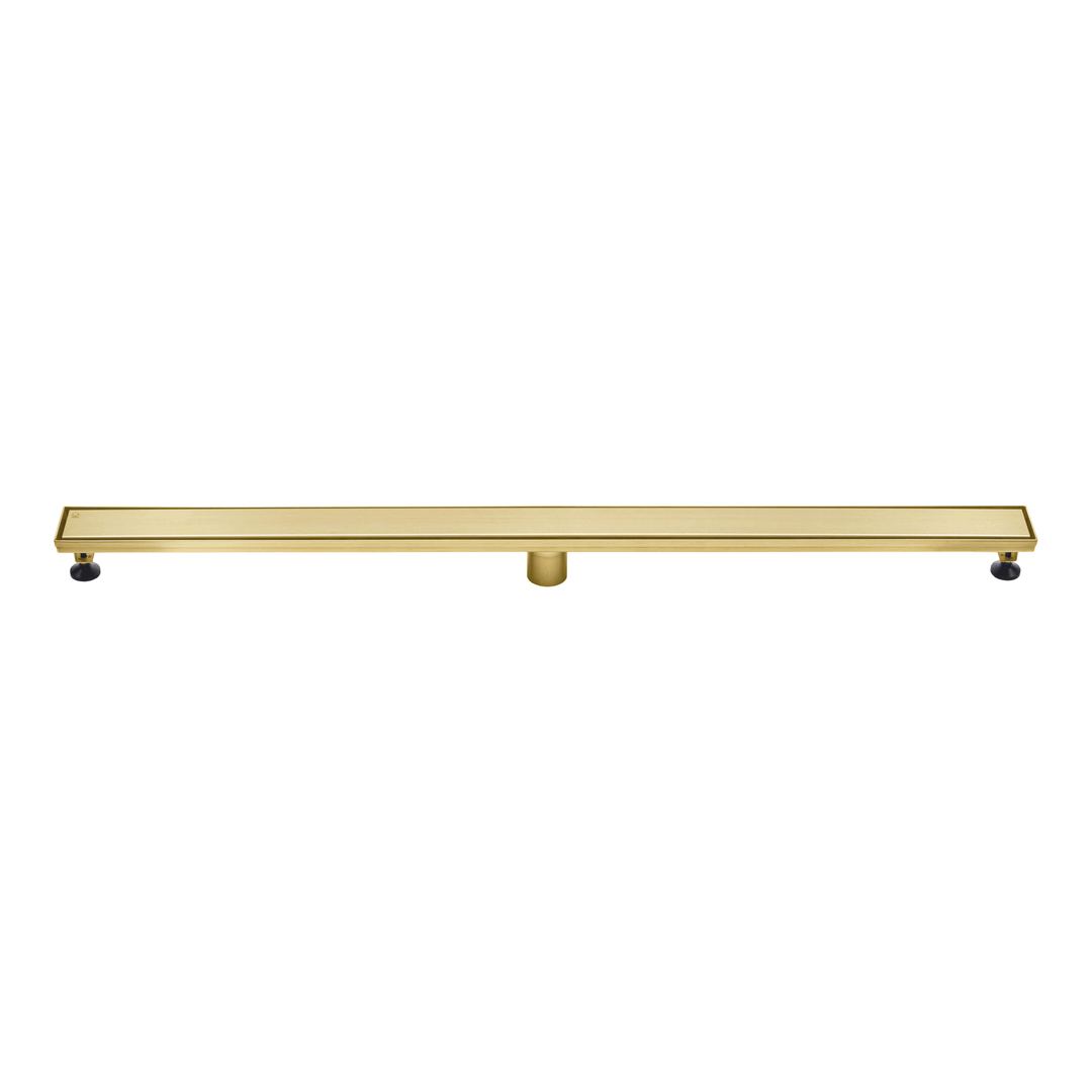 BAI 47172 Stainless Steel 60-inch Linear Shower Drain in brushed gold finish with adjustable leveling legs and removable grate shown against a white background.