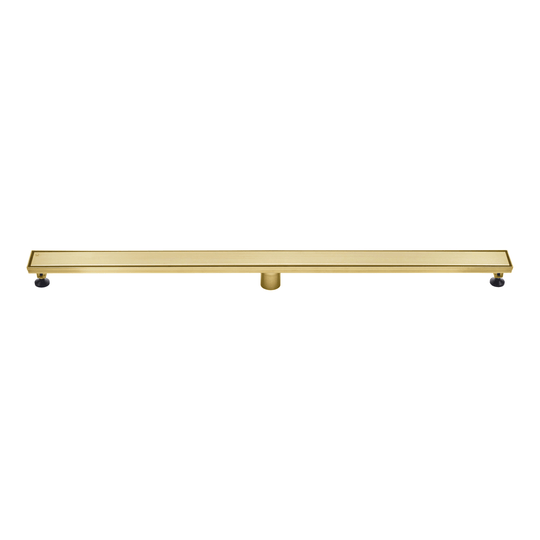 BAI 47172 Stainless Steel 60-inch Linear Shower Drain in brushed gold finish with adjustable leveling legs and removable grate shown against a white background.