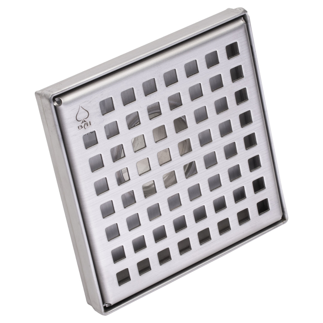 BAI 47180 Stainless Steel 5-inch Square Shower Drain with a removable grate that has square holes shown against a white background.