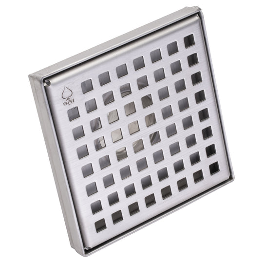 BAI 47180 Stainless Steel 5-inch Square Shower Drain with a removable grate that has square holes shown against a white background.