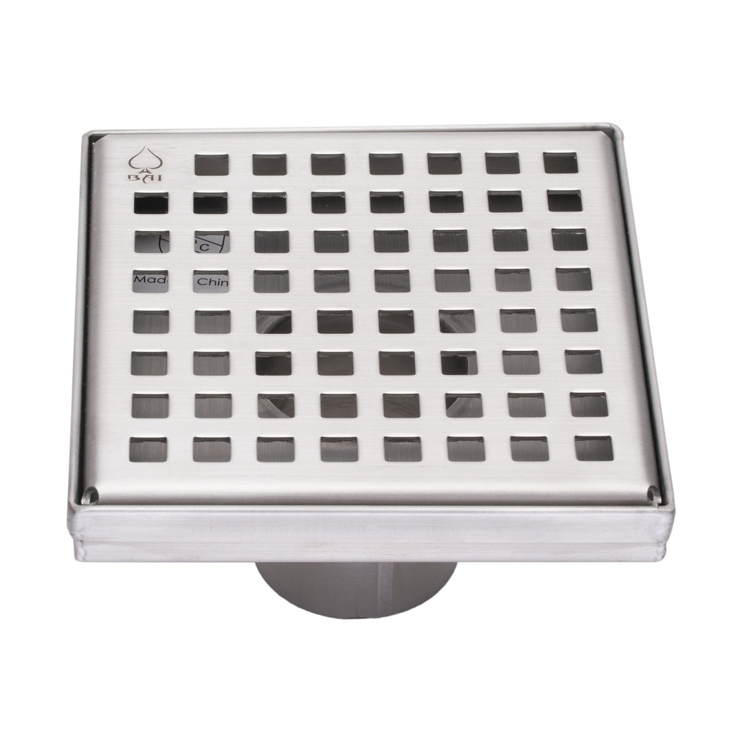 BAI 47180 Stainless Steel 5-inch Square Shower Drain with a removable grate that has square holes shown against a white background.