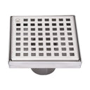 BAI 47180 Stainless Steel 5-inch Square Shower Drain with a removable grate that has square holes shown against a white background.
