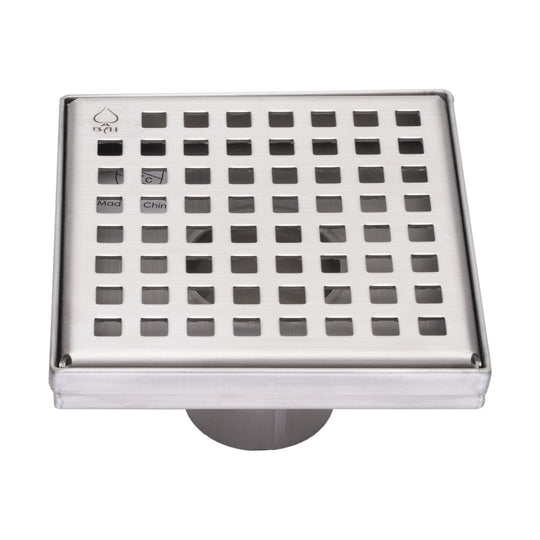 BAI 47180 Stainless Steel 5-inch Square Shower Drain with a removable grate that has square holes shown against a white background.