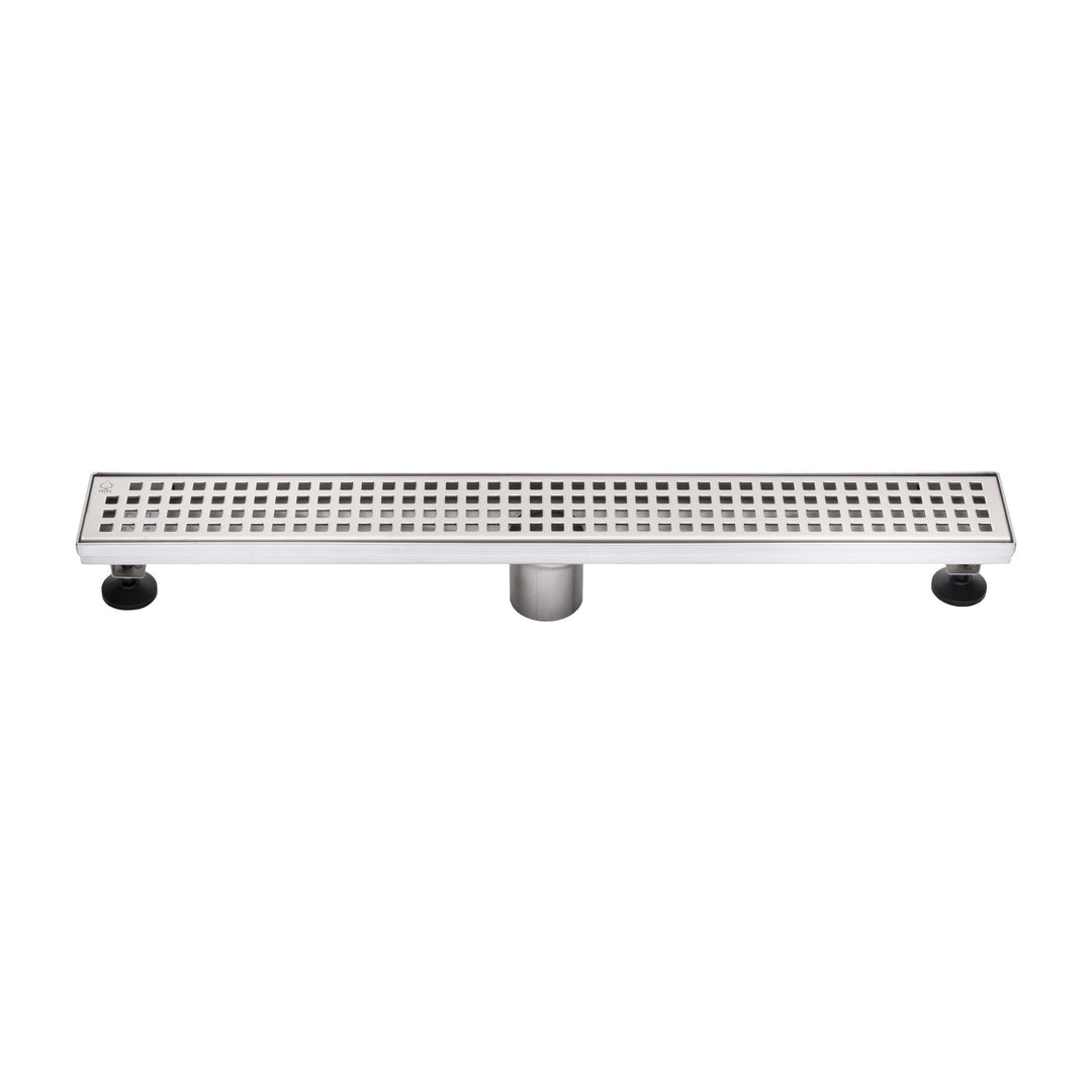 BAI 47190 Stainless Steel 24-inch Linear Shower Drain with a removable grate that has square holes and adjustable leveling legs shown against a white background.
