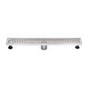 BAI 47190 Stainless Steel 24-inch Linear Shower Drain with a removable grate that has square holes and adjustable leveling legs shown against a white background.