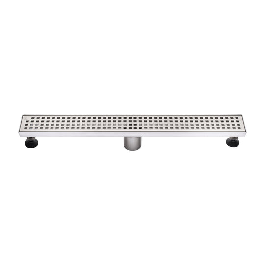 BAI 47190 Stainless Steel 24-inch Linear Shower Drain with a removable grate that has square holes and adjustable leveling legs shown against a white background.