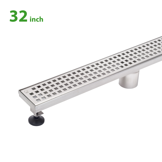 BAI 47200 Stainless Steel 32-inch Linear Shower Drain with a removable grate that has square holes and adjustable leveling legs shown against a white background.