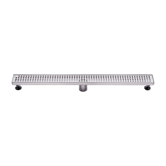 BAI 47200 Stainless Steel 32-inch Linear Shower Drain with a removable grate that has square holes and adjustable leveling legs shown against a white background.