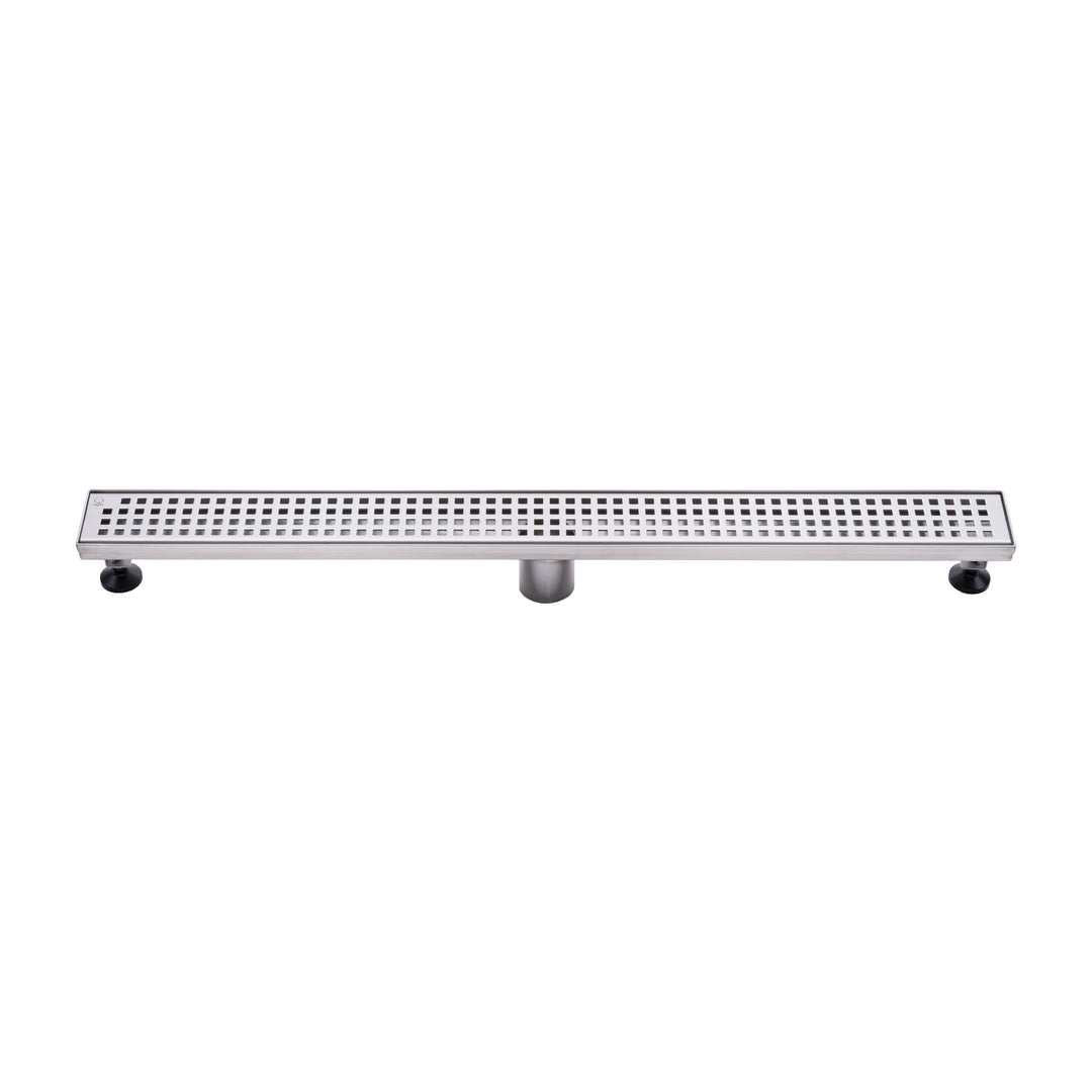 BAI 47210 Stainless Steel 36-inch Linear Shower Drain with a removable grate that has square holes and adjustable leveling legs shown against a white background.