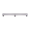 BAI 47210 Stainless Steel 36-inch Linear Shower Drain with a removable grate that has square holes and adjustable leveling legs shown against a white background.