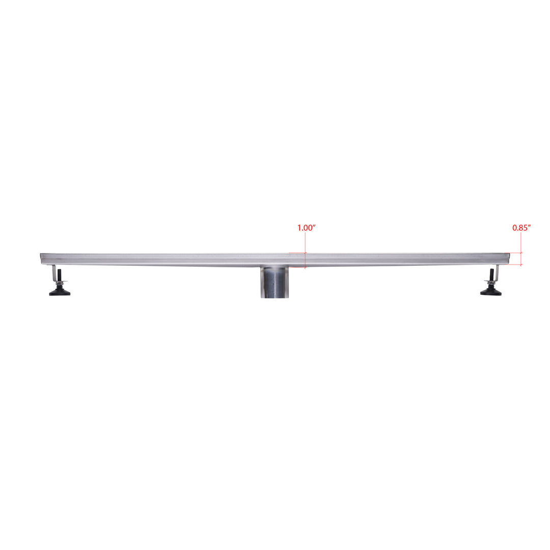 BAI 47210 Stainless Steel 36-inch Linear Shower Drain with a removable grate that has square holes and adjustable leveling legs shown in a side view against a white background.