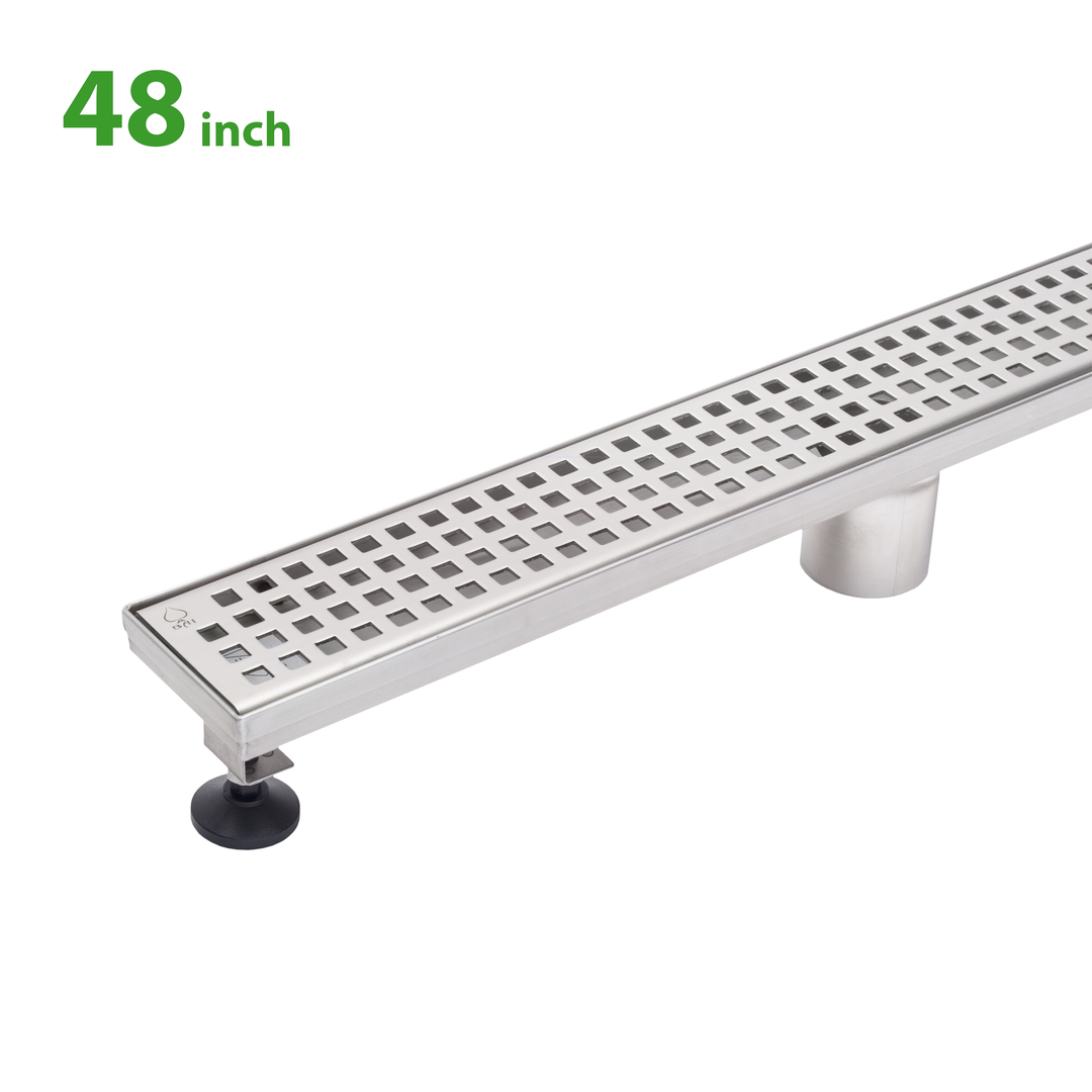 BAI 47220 Stainless Steel 48-inch Linear Shower Drain with a removable grate that has square holes and adjustable leveling legs shown against a white background.