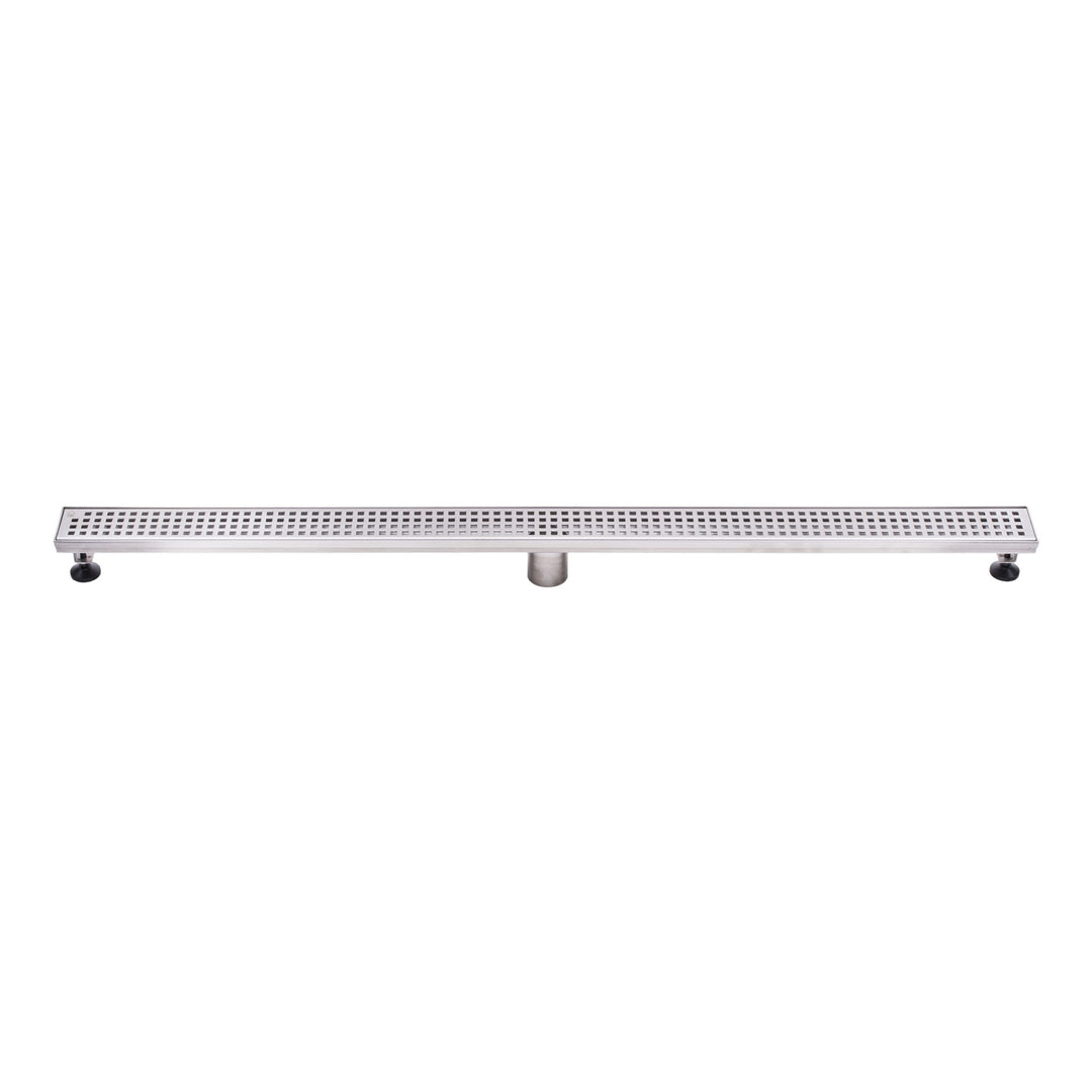 BAI 47220 Stainless Steel 48-inch Linear Shower Drain with a removable grate that has square holes and adjustable leveling legs shown against a white background.