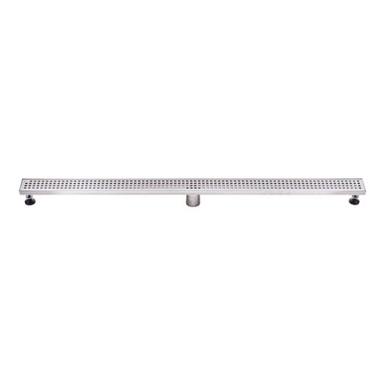 BAI 47230 Stainless Steel 60-inch Linear Shower Drain with a removable grate that has square holes and adjustable leveling legs shown against a white background.