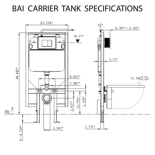 Carrier Tank Specifications for BAI 1016 Contemporary Wall Hung Toilet & Carrier Tank – Dual Flush with Soft-Close Seat
